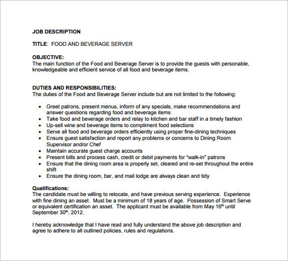 Food and beverage job description pdf